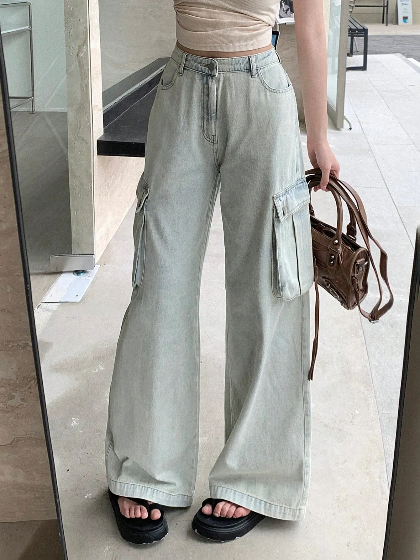 Maxct Women Fashionable High Waisted Wide Leg Denim Pants With Pocket Design