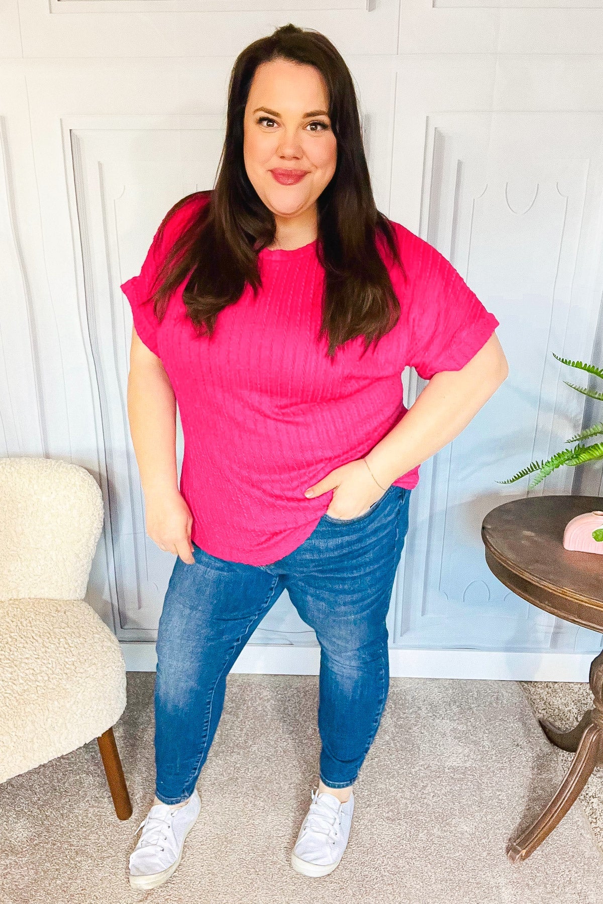 Maxct &Be Your Best Fuchsia Cable Knit Dolman Short Sleeve Sweater Top
