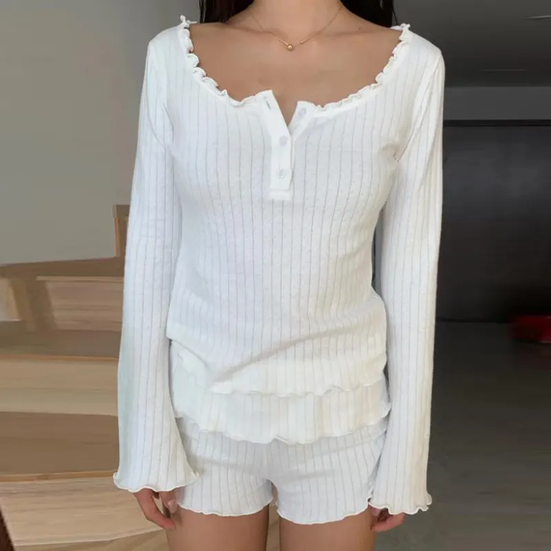 90s Vintage 2 Piece Set Women Sleepwear Fairy Cottage Loungewear Sweet Girl Long Sleeve Crop Top T-shirt + Shorts Y2K Outfits