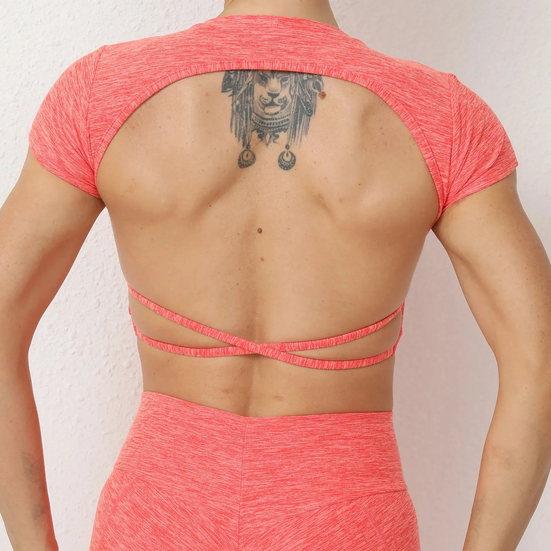 Maxct Backless Gym Workout Top with Cups Women Sportswear Short Sleeve O-neck Sport T-shirt Yoga Wear Ladies Fitness Shirt Pink