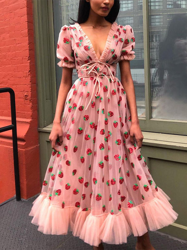 Sequined Strawberry Mesh Pleated Maxi Dress Maxct