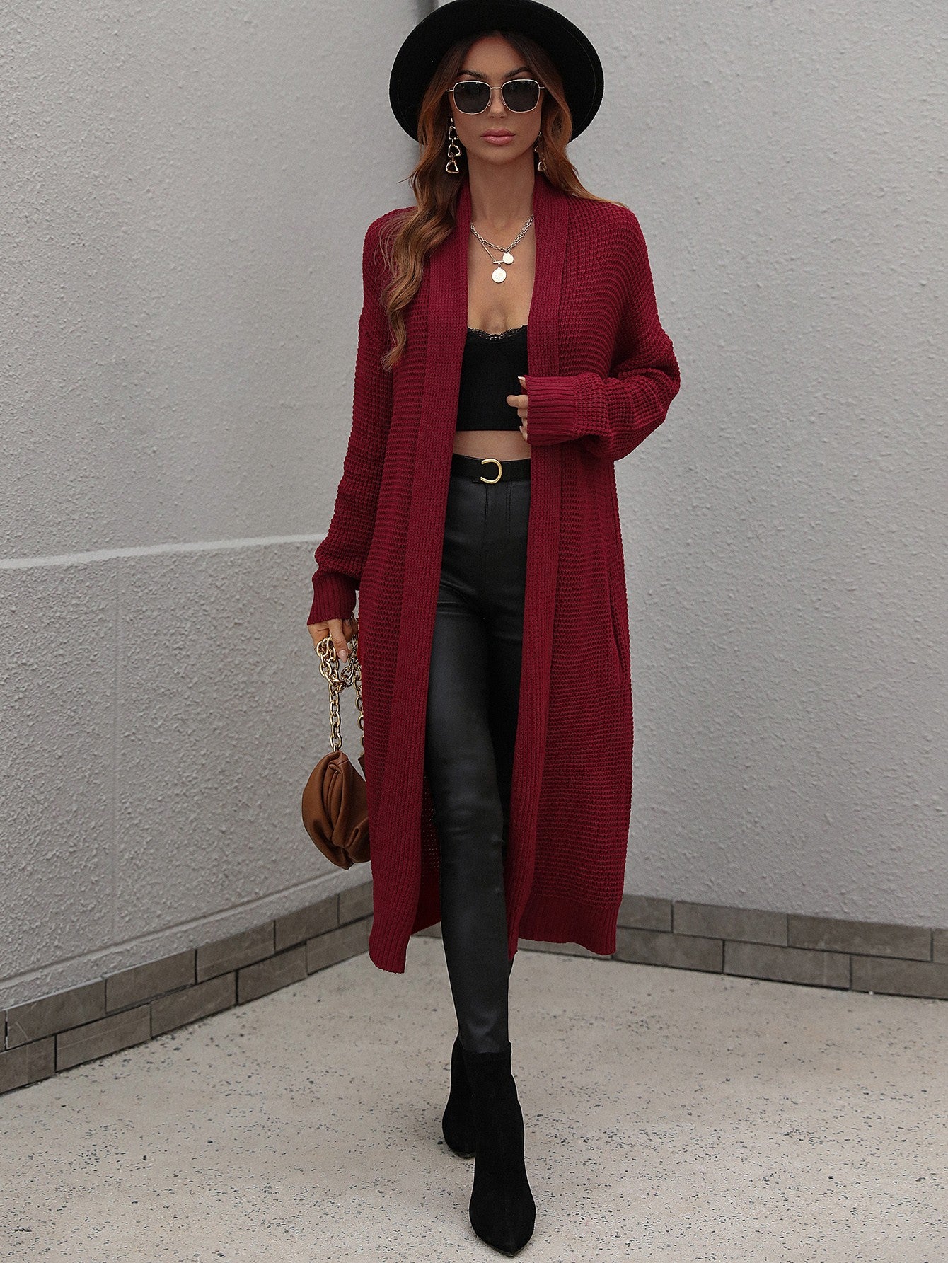 Maxct &Double Take Waffle Knit Open Front Duster Cardigan With Pockets