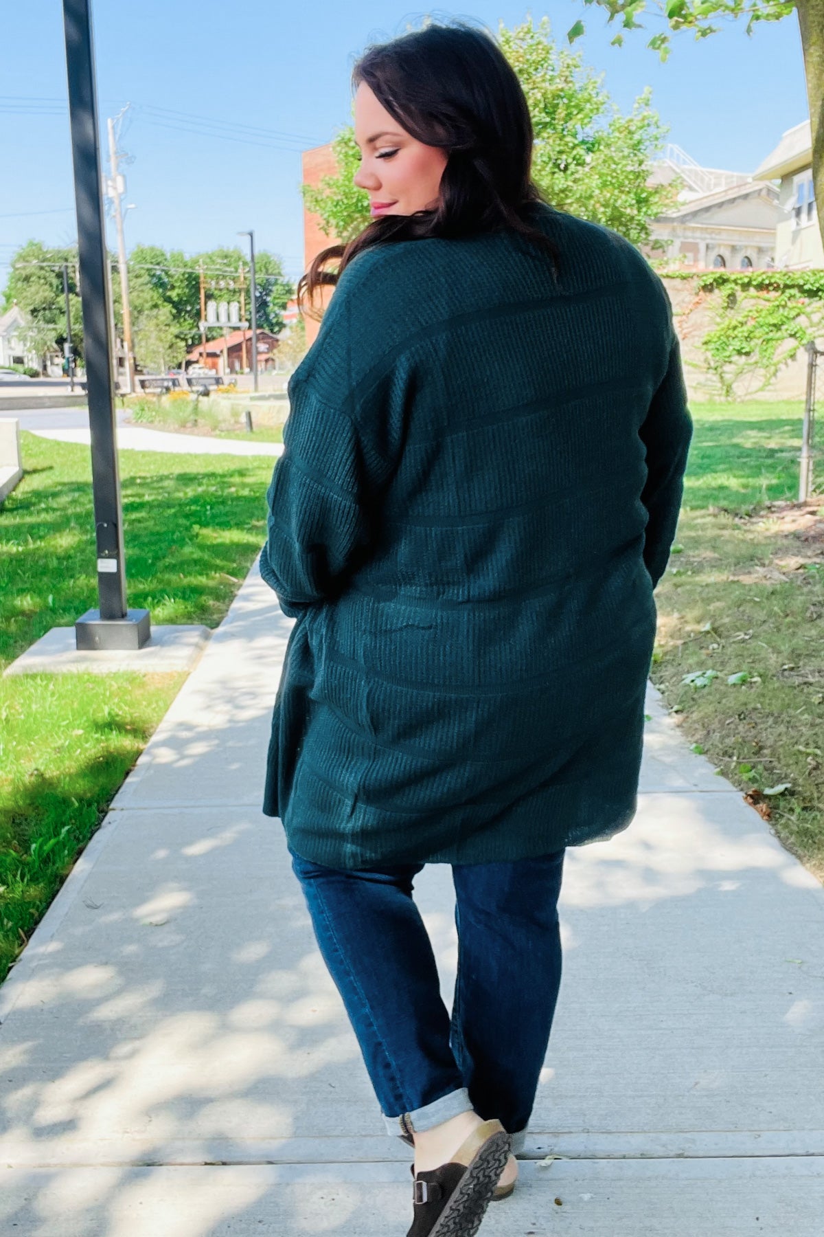 Maxct &Everyday Hunter Green Striped Knit Open Cardigan