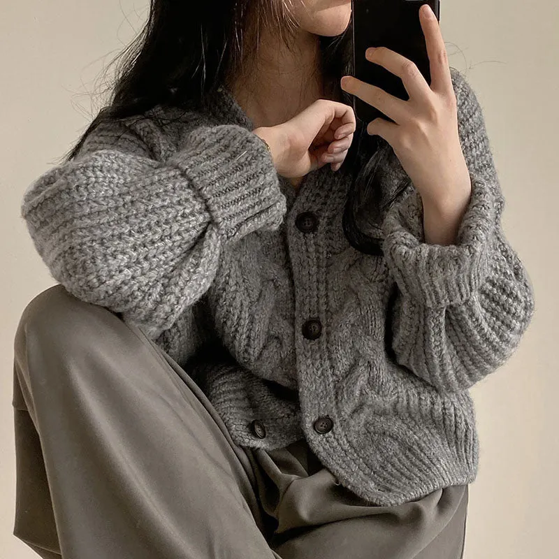 Maxct Solid V Neck Puff Sleeve Cable Knit Cardigan