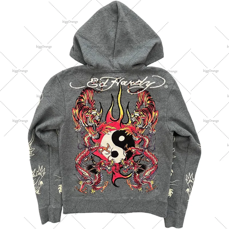 Maxct Y2K American Harajuku Retro Printed Zipper Hoodie Men New Street Pop Hip-Hop Sweatshirt Gothic Loose Punk Top Clothing Tide