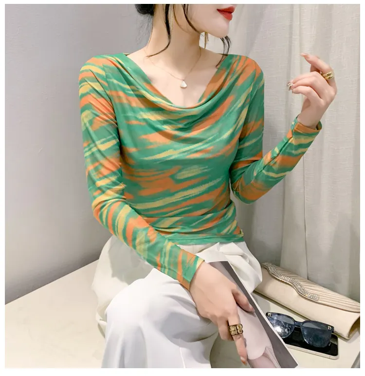 Maxct Spring Summer Double-Layer Mesh Top Long Sleeve Printing T-shirt Woman Slim Fitting Tee For Female