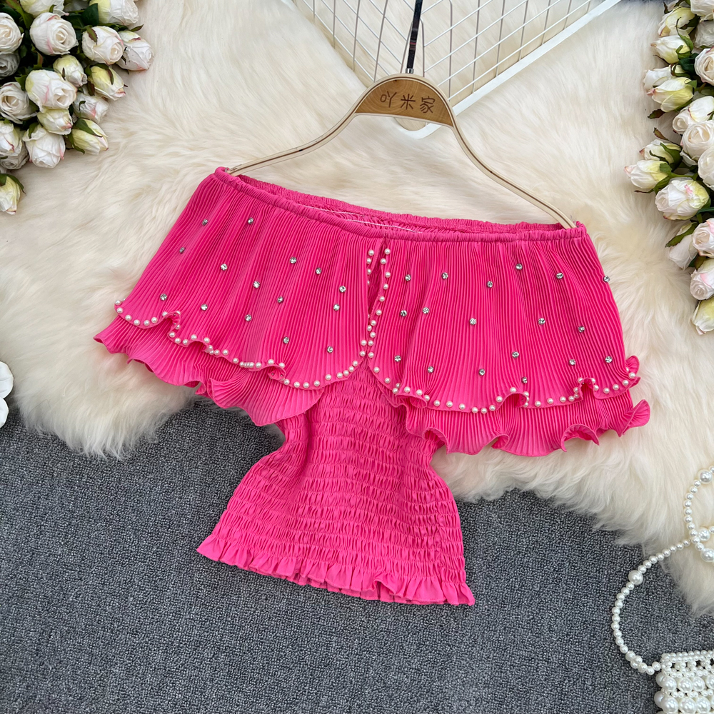 Maxct Sweet Cropped T-shirt Women Beading Ruffles Slash Neck Crop Tops Girls High Stretchy Fashon Tee Shirts