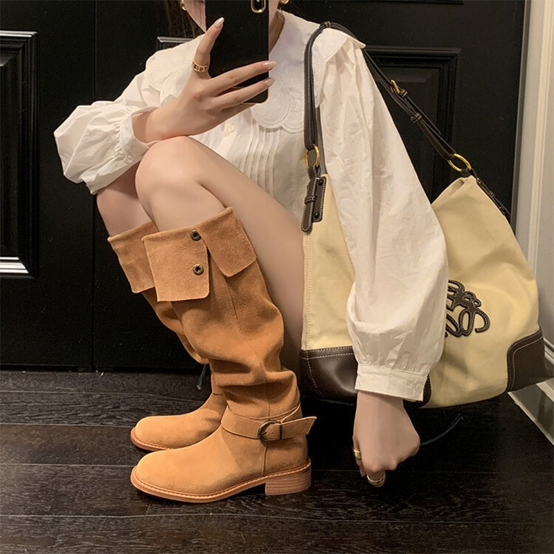 Womens Suede Knee High Boots 75mm Block Heel Maxct
