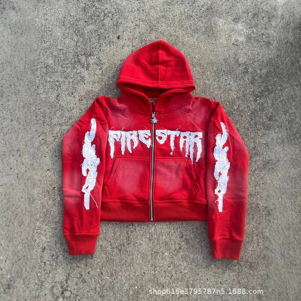 Maxct Y2k Long Sleeved Pullover Hoodie Vintage Zipper Embroidered 3d Pattern Sweatshirt Streetwear Tops Winter Boots School Outfit New