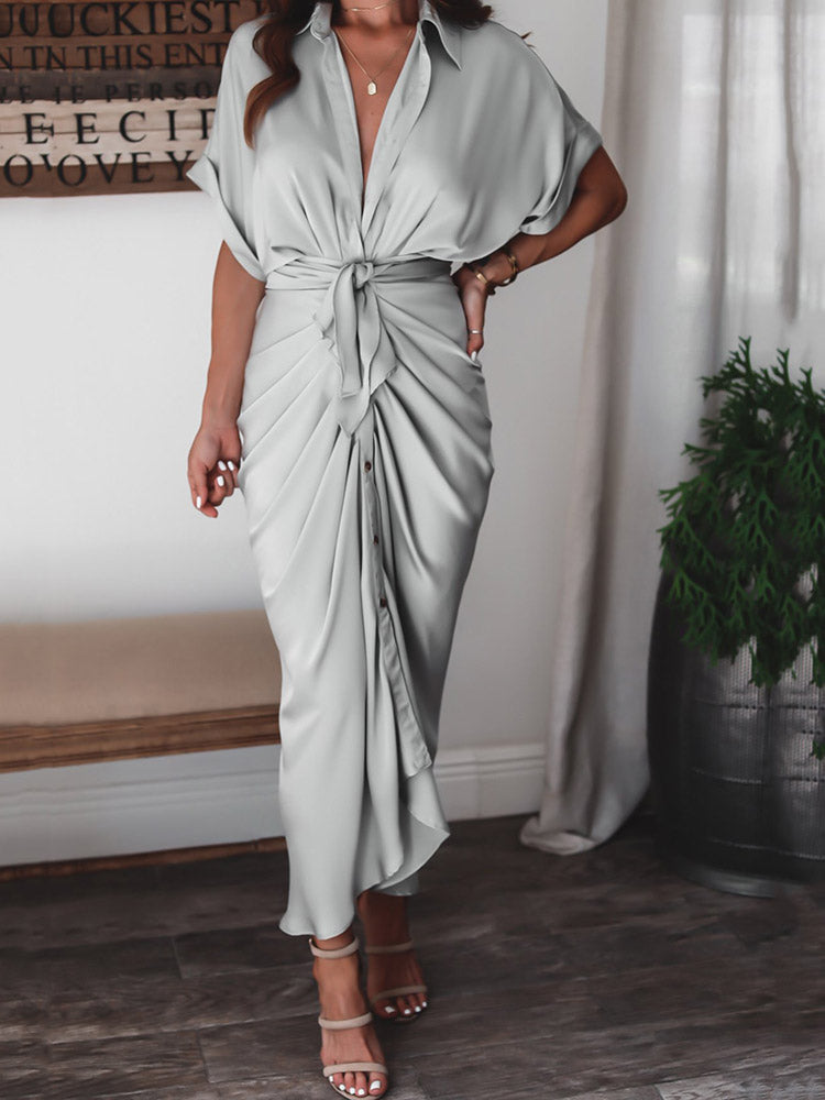 Satin Pleated Bandage Shirt Dress Maxct