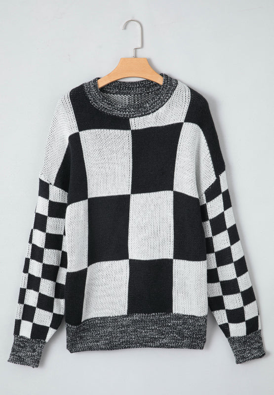 Maxct &Checkered Round Neck Drop Shoulder Sweater