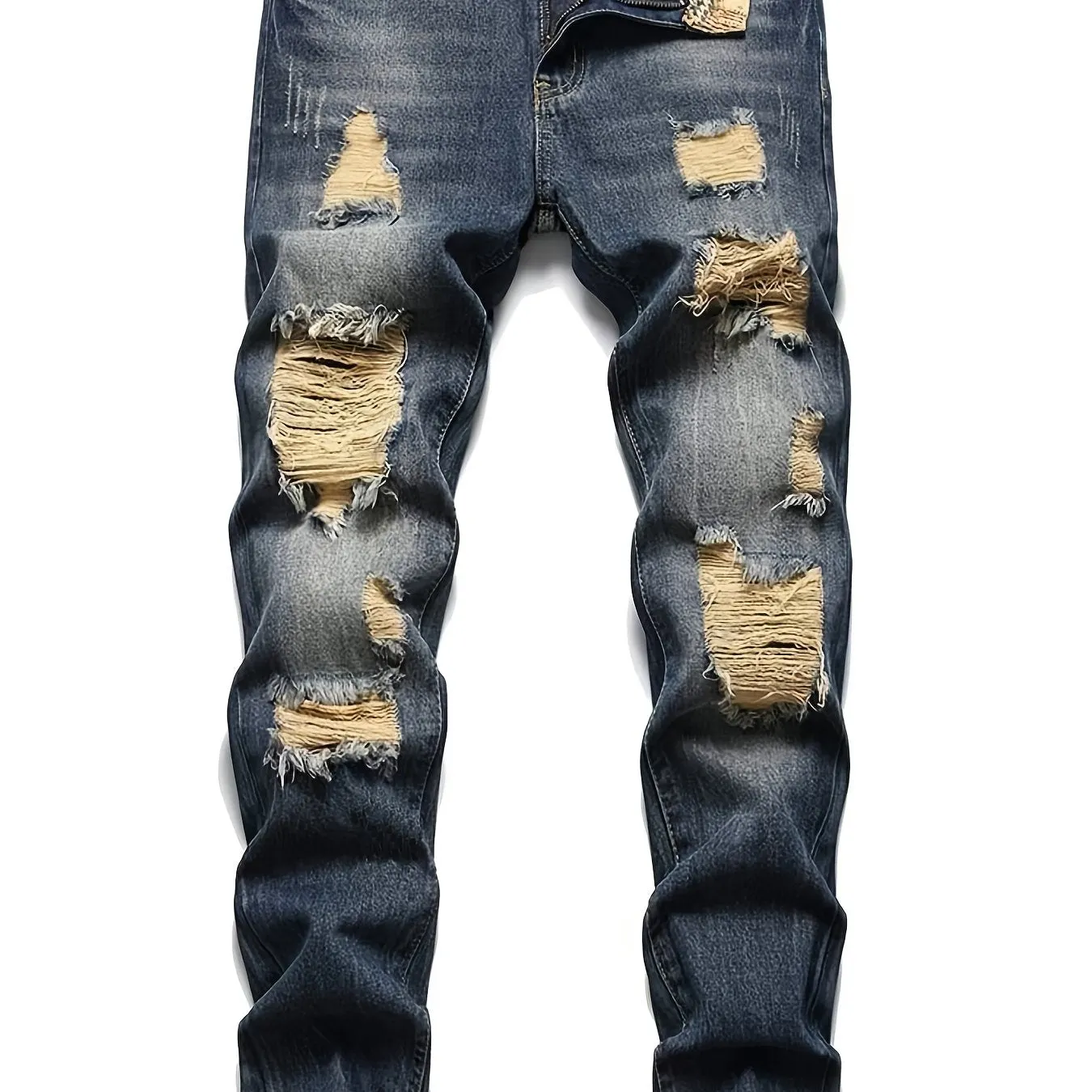 Maxct  Regular Fit Ripped Jeans, Men's Casual Street Style Distressed Denim Pants For All Seasons