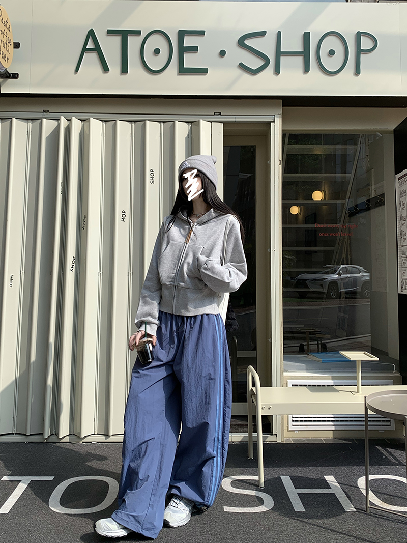 Grey Cropped Hoodies Zip Up Long Sleeve Sweatshirt Cardigan Oversized Autumn Fashion Wide Leg Track Pants Two Piece Sets