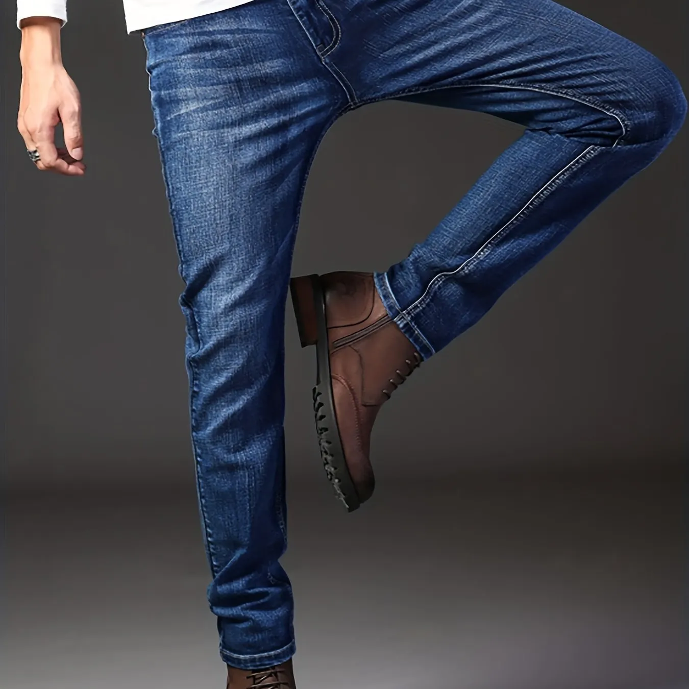 Maxct  Classic Design Semi-formal Jeans, Men's Casual Stretch Denim Pants For All Seasons Business