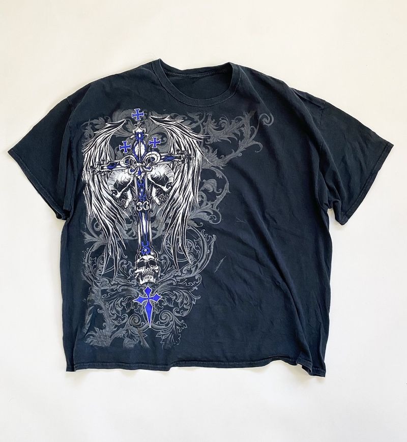 Harajuku Summer Casual Retro Hip Hop Grunge Skulls Cross Graphic T Shirt for Men Vintage Fashion Streetwear Short Sleeve Top