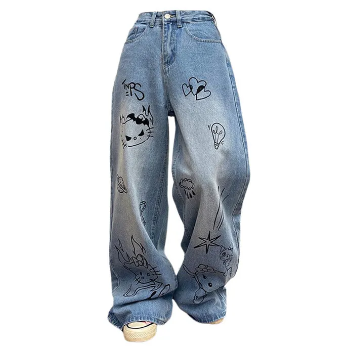 Grunge Aesthetic Cat Jeans in Blue Maxct