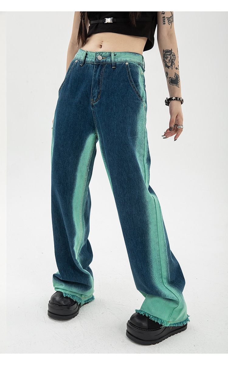 High Waist Straight Baggy Women's Jeans: Chic Design Streetwear Gradient Color Y2K Denim Wide Leg Trouser - true deals club