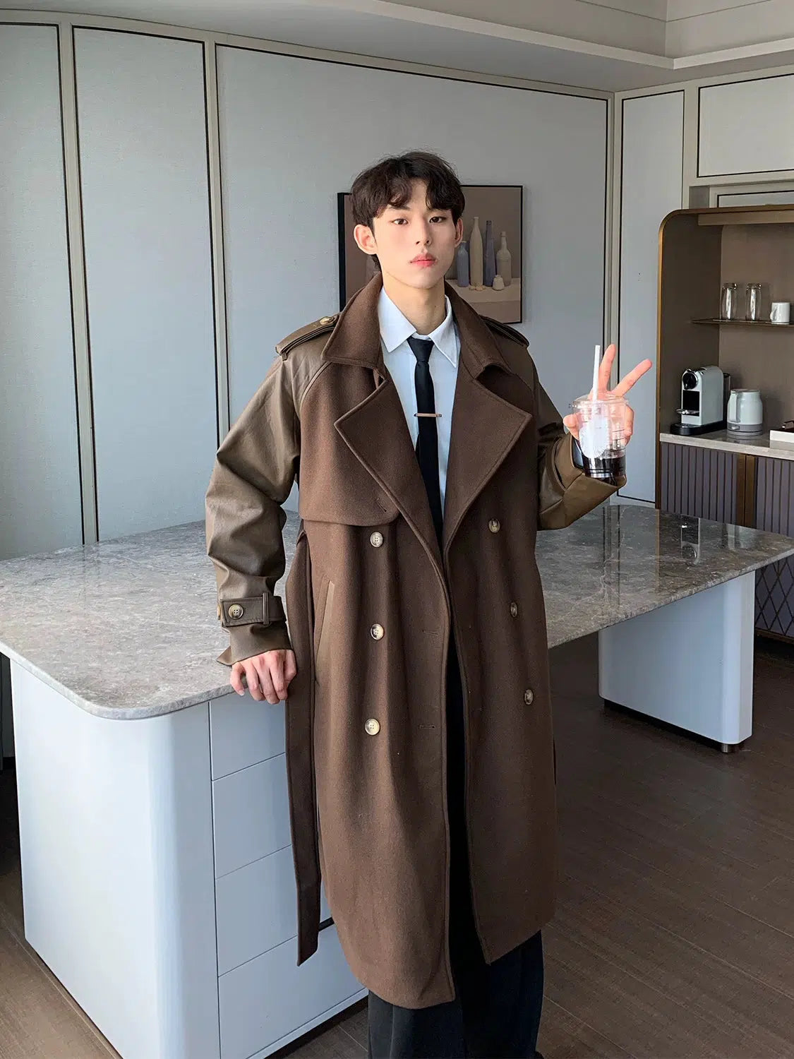 Maxct PU Leather Patchwork Wool Trench Coat
