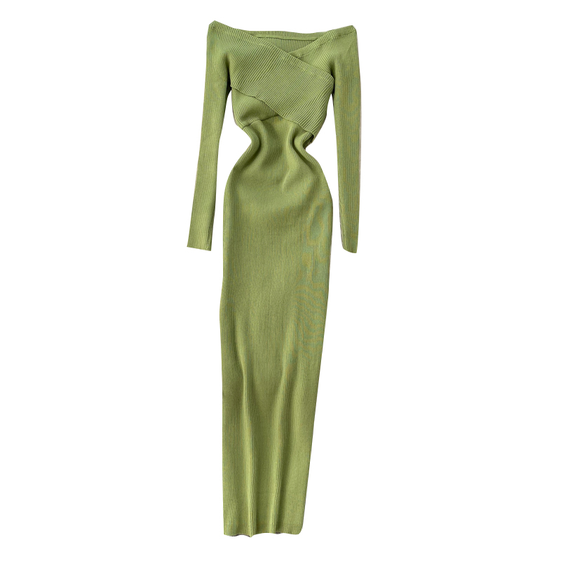 Maxct Slash Neck Knitted Dress Women Sexy Off Shoulder Cross Elastic Warm Dress Autumn Winter Fashion Sweater Bodycon Dress