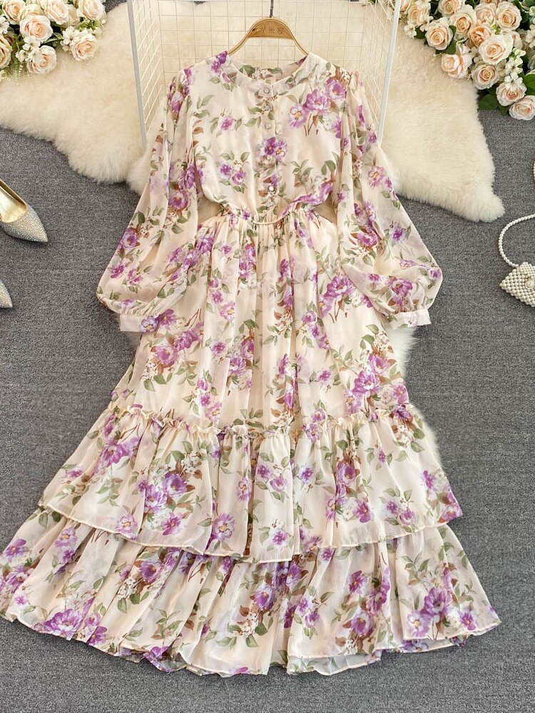 Maxct Vintage Floral Chiffon Long Dress Elegant O-Neck Puff Sleeve High Waist A-Line Ruffle Hem Vacation Beach Maxi Vestidos