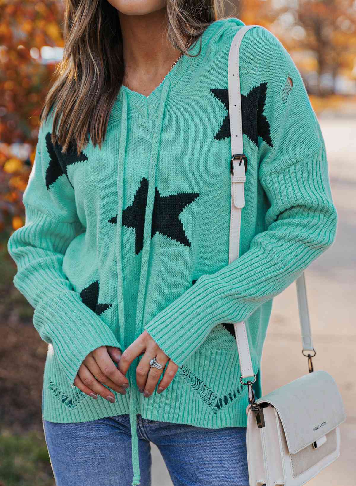 Maxct &Woven Right Star Distressed Slit Hooded Sweater
