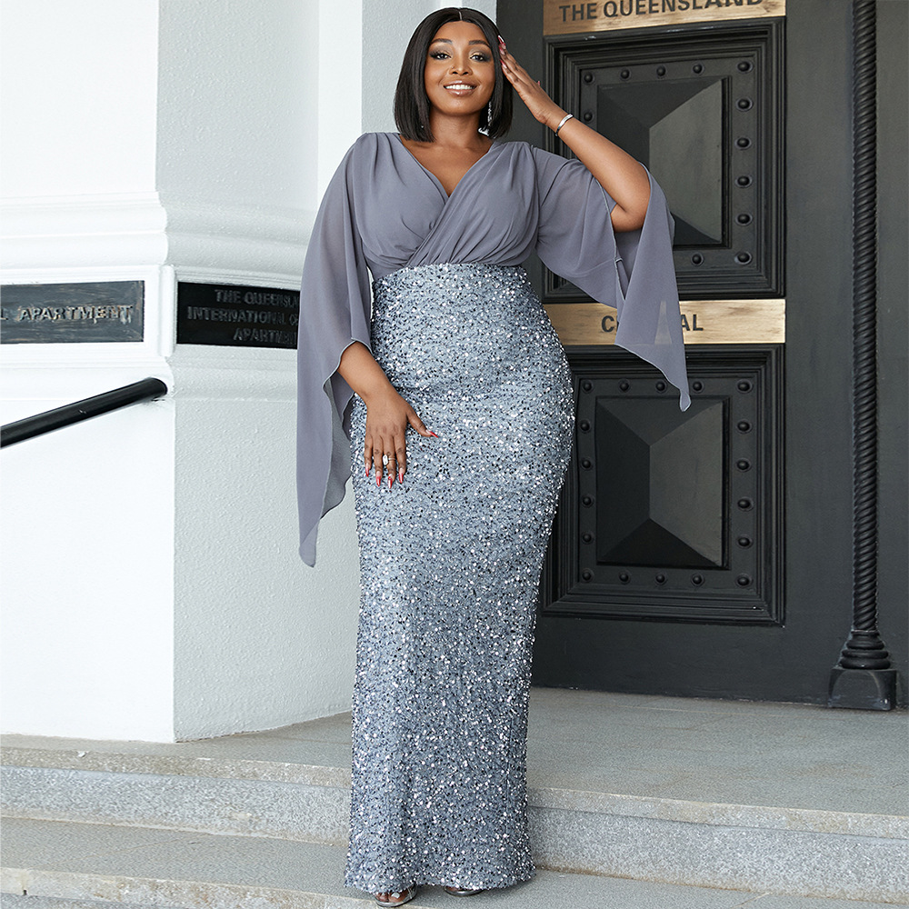 Maxct Plus Size Elegant Sexy Long Sequined V-neck Long Sleeve Banquet Evening Dress Bridesmaid Dress Dress Women