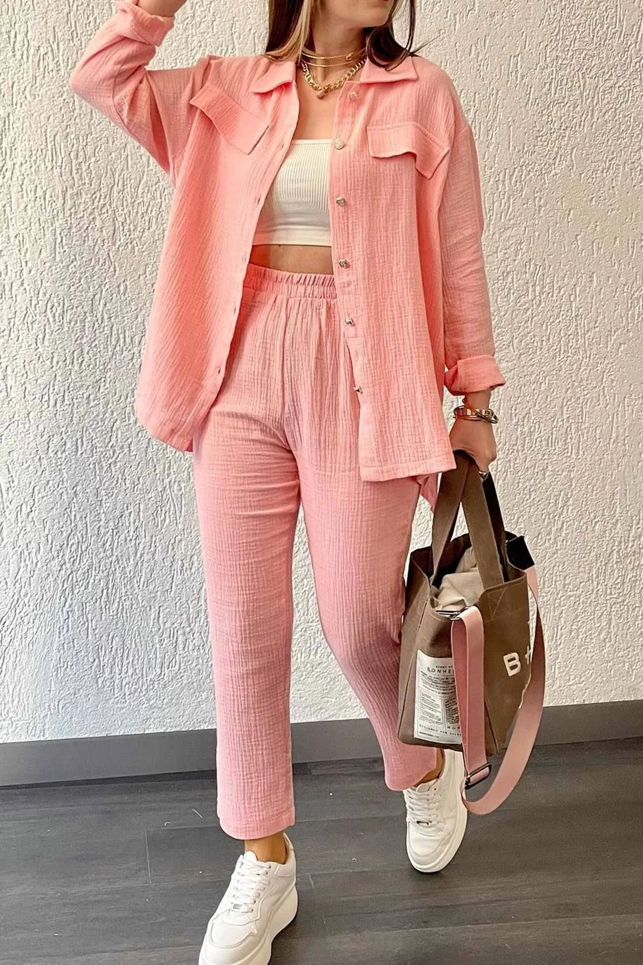 Maxct Long Sleeve Pocketed Slit Shirt Long Pants Suits