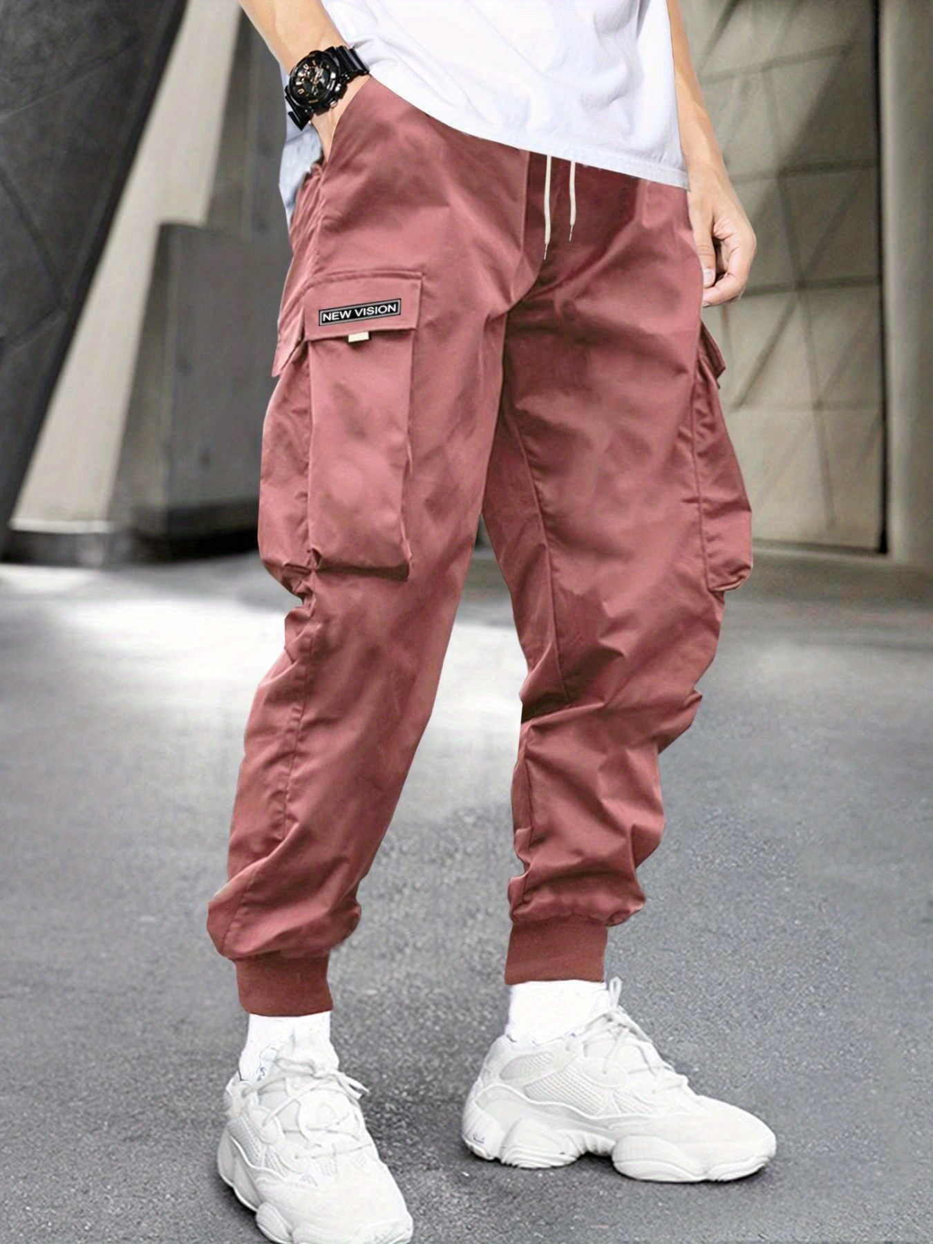 Maxct Men's Letter Graphic Drawstring Waist Cargo Pants With Flap Pockets - Image 4