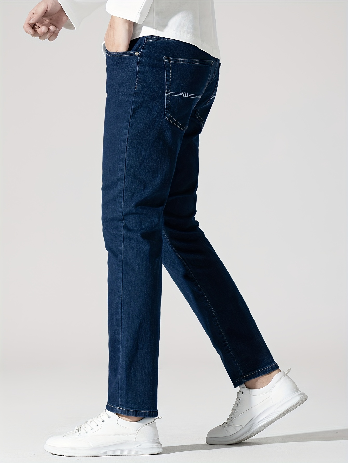 Men's High Stretch Jeans For Business, Slim Fit Denim Pants With Pockets For Spring Fall