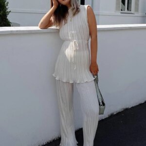 Maxct Solid Belted Pleated Pants Set