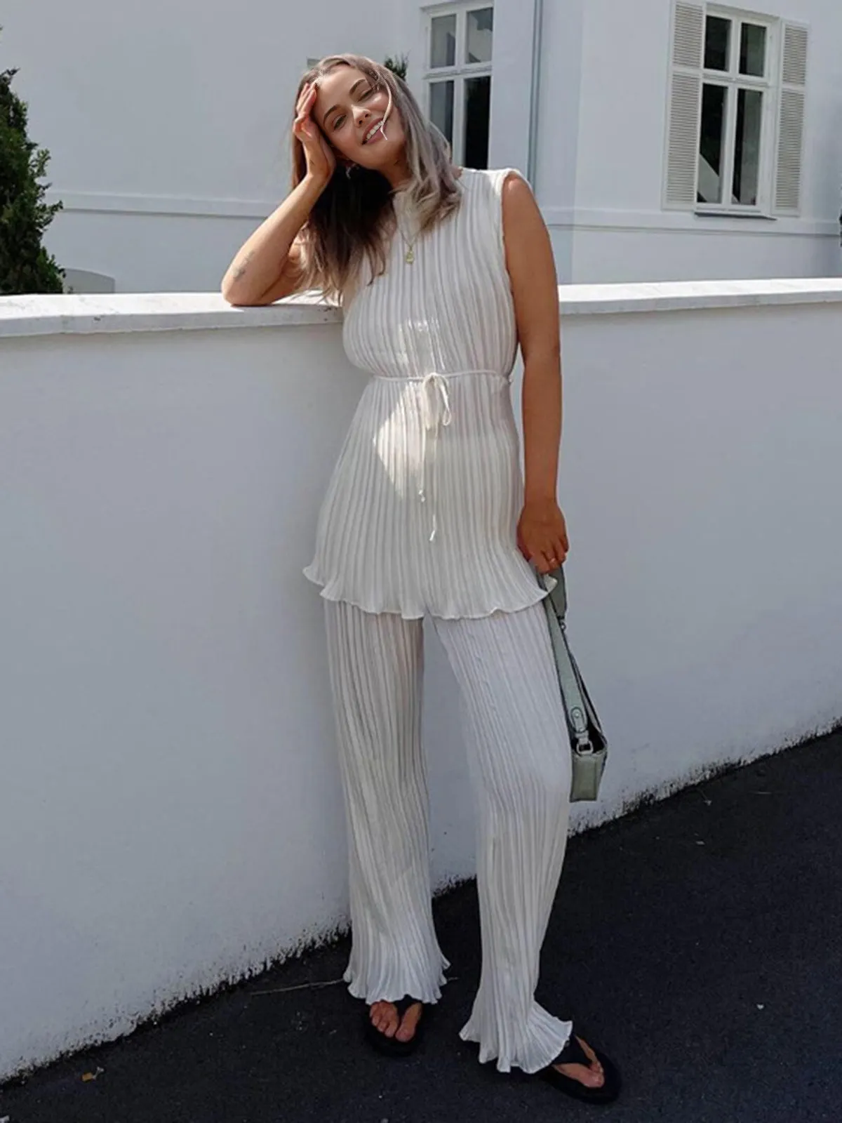 Maxct Solid Belted Pleated Pants Set
