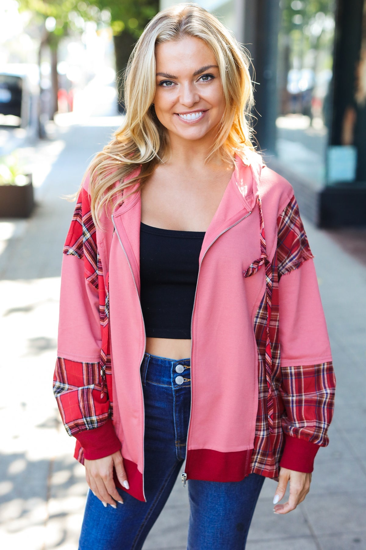 Maxct &Adorable in Marsala Plaid Color Block Zipper French Terry Hoodie
