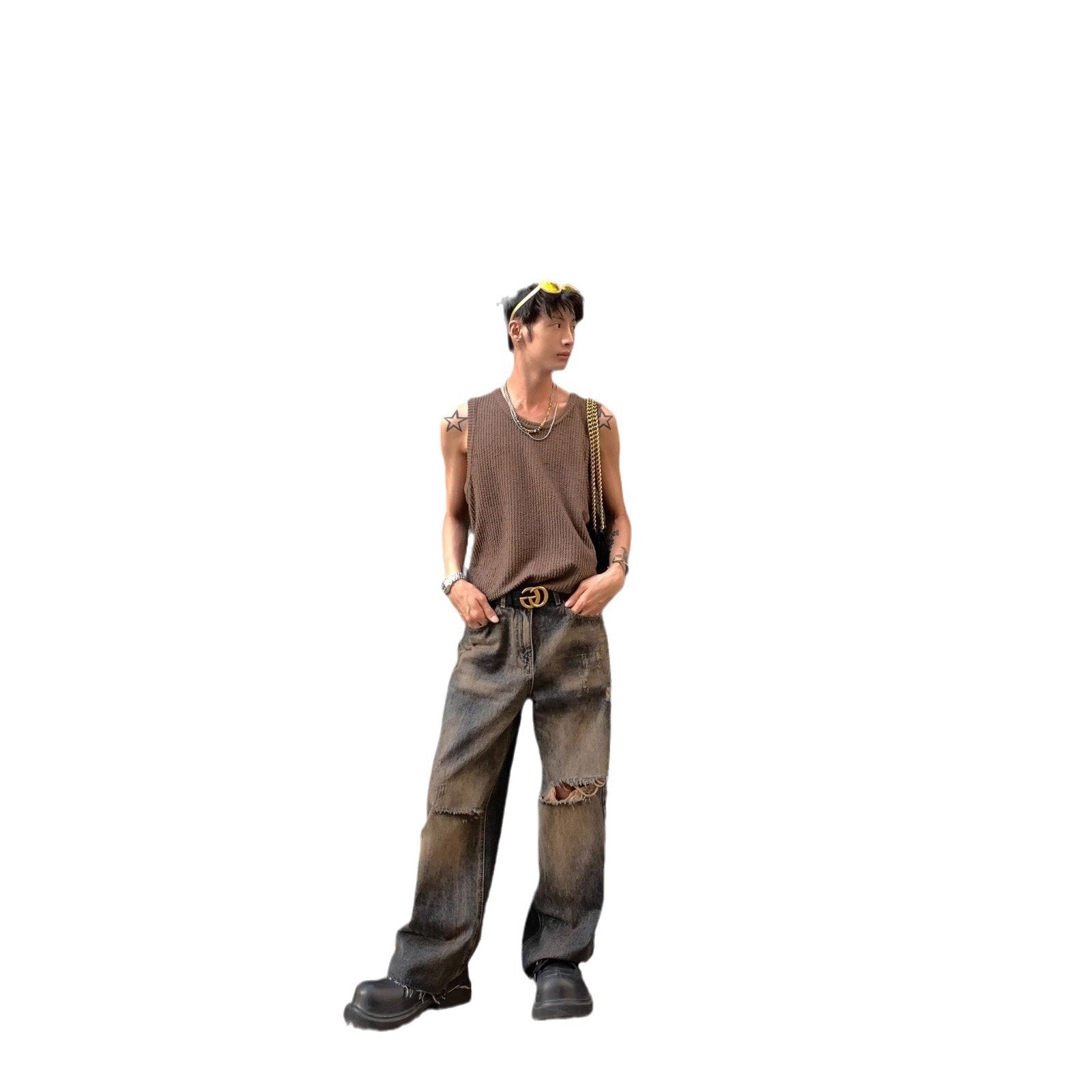 Maxct 90s Streetwear Solid Color Simple Vertical Stripe Niche Retro Round Neck Vest Men's Summer New Casual All-match Sleeveless T-shirt