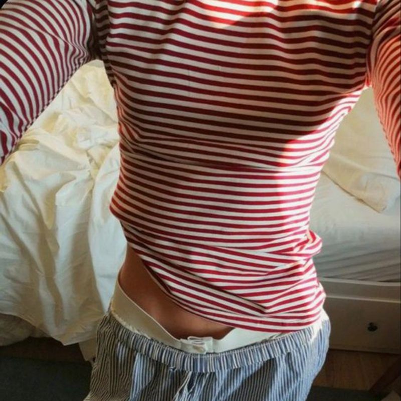 Vintage Preppy Style Y2K Crop Tops Clothes Cottage Striped Rib Knitted T-shirt Women Long Sleeve Casual Basic Tees Pullovers
