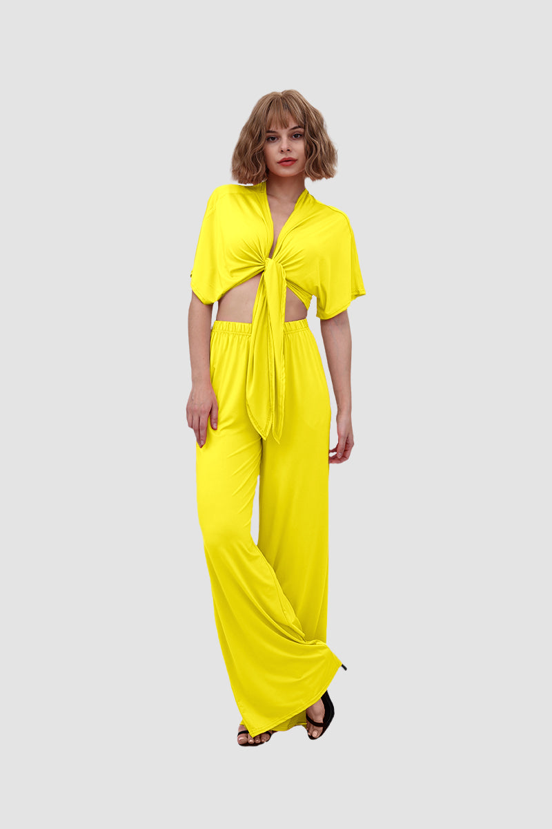 Maxct Deep V-neck Top & Elastic Wide Leg Pants