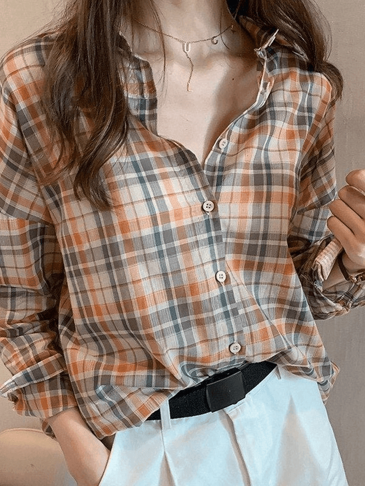 Maxct Vintage Checkered Long Sleeve Button Blouse