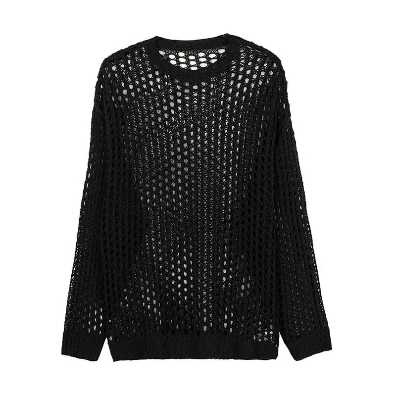 Maxct Summer Y2K Vintage Hollow Out Loose Knitting T-shirt Man All Match Geometic Tops Fashion Casual Outfits See-though Male Pullover
