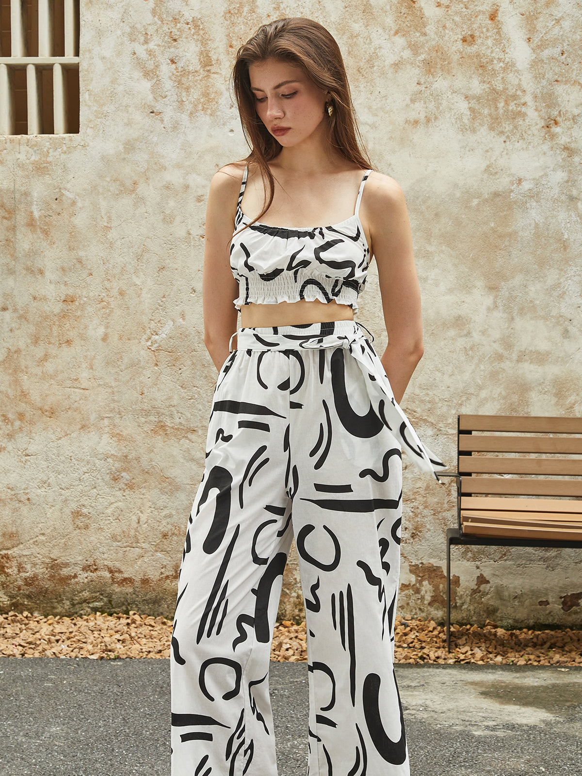 Maxct Irregular Print Pockets Belted Pants Set