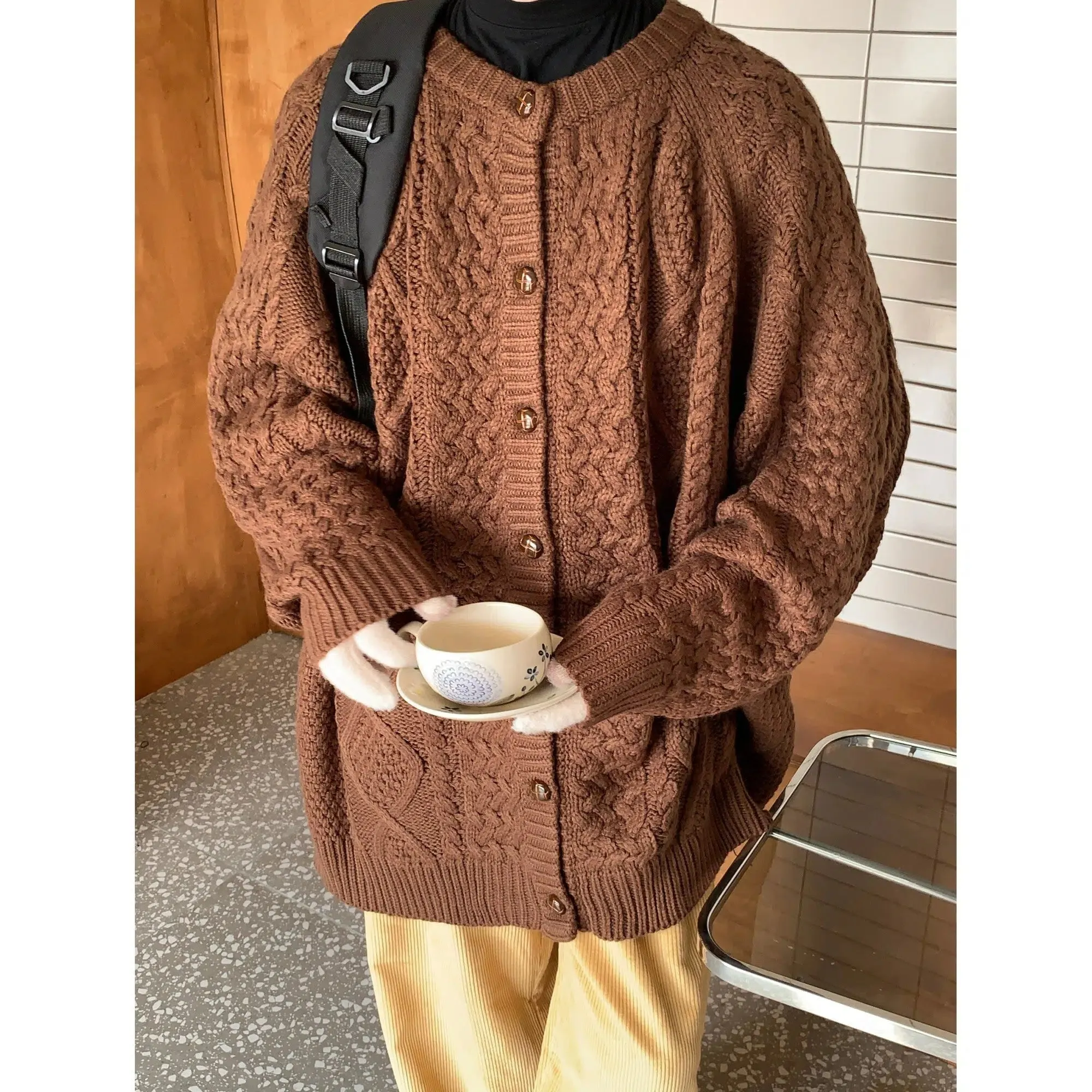 Maxct Crew Neck Twist Knit Sweater Cardigan