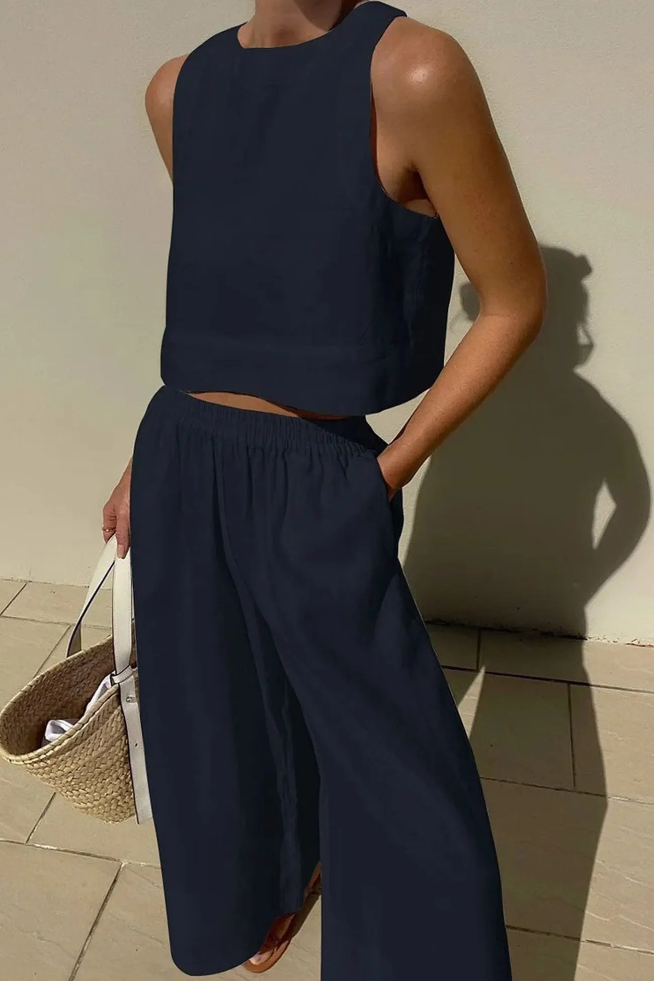 Maxct Solid Tank Top Two-piece Pants Set