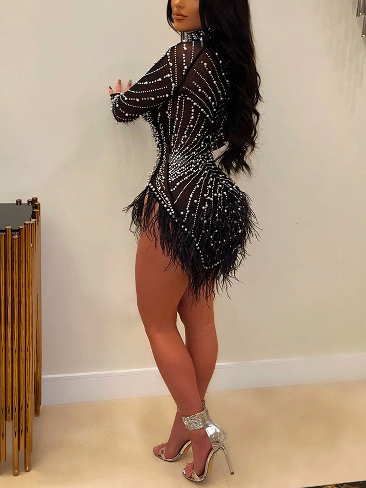Mesh Rhinestone Mini Dress Maxct