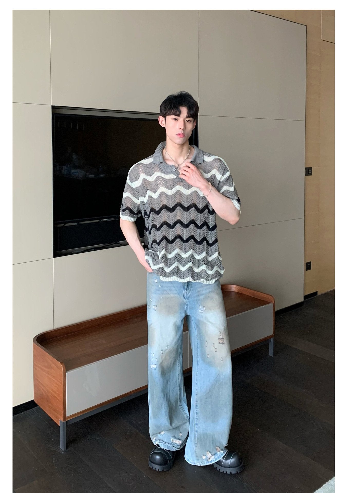 Maxct 90s Streetwear Korean Style Summer High-end Sense Hollow Color Stripe Lap Short-sleeved Niche Design POLO Shirt T-shirt Casual Top