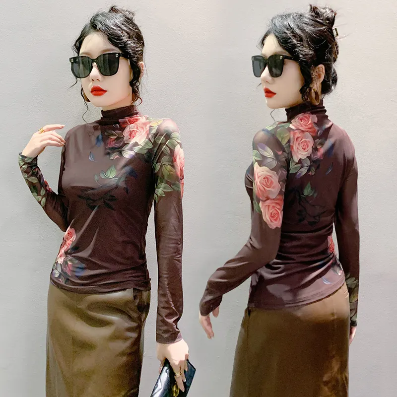 Maxct New High Neck Long Sleeve Mesh Positioning Printing T-shirt Women's Intimated Silk Light Fabric T Shirts Tops For Female
