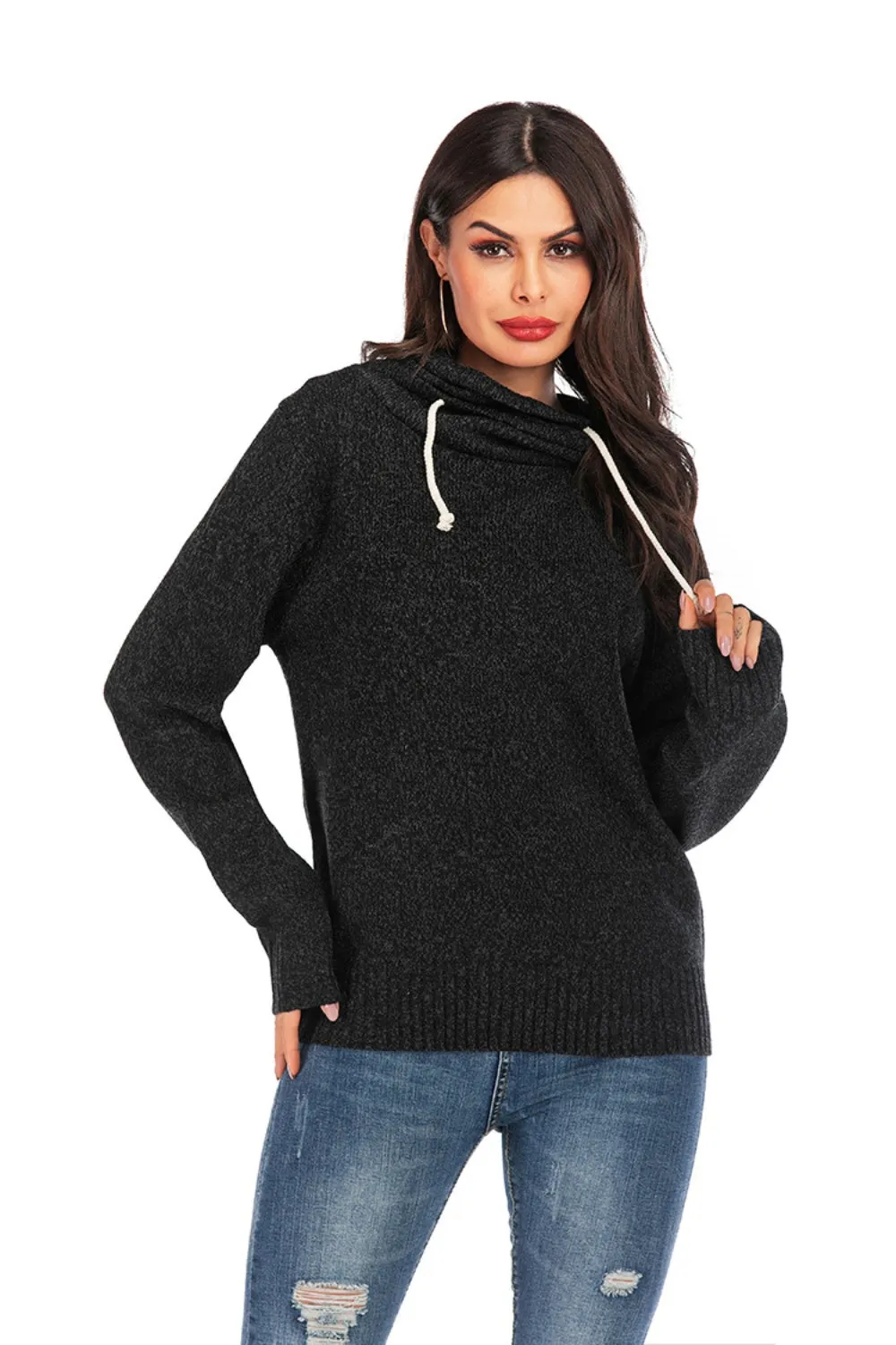 Maxct &Drawstring Mock Neck Long Sleeve Sweater