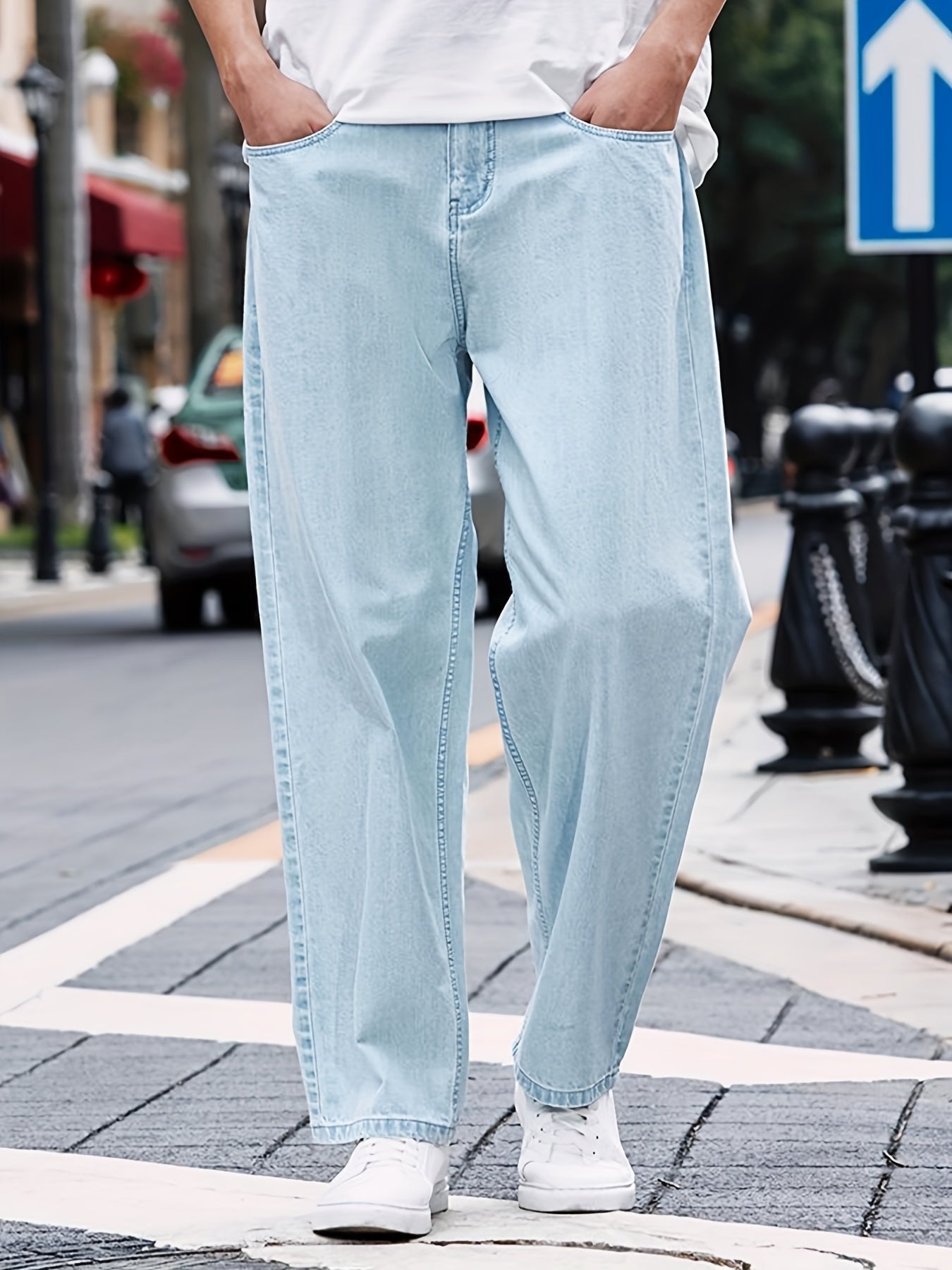 Maxct  Trendy Casual Men's Solid Color Loose Denim Jeans With Pockets, Men's Outfits