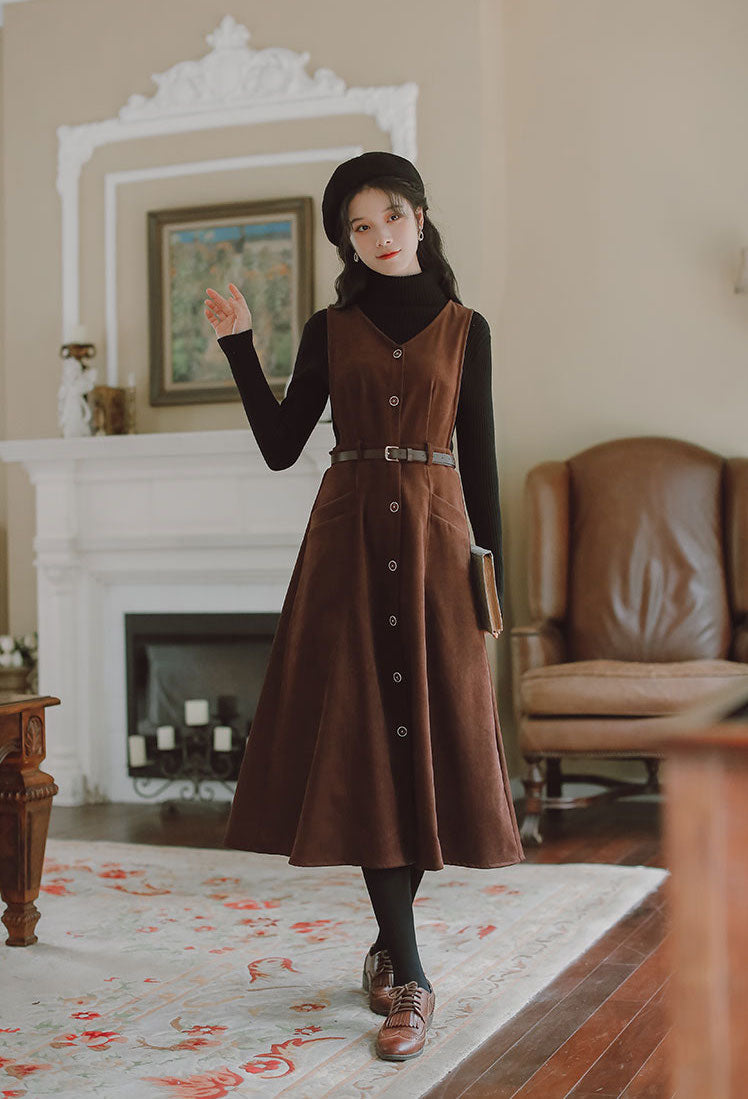 Button Up Suede Pinafore Dress Maxct