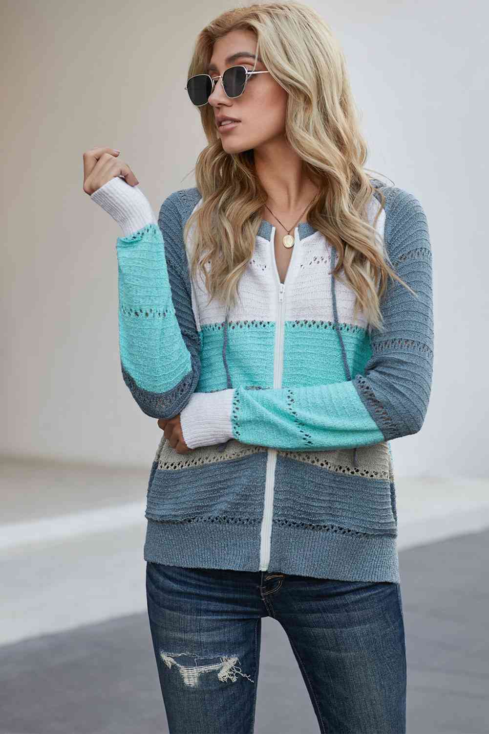 Maxct &Zip-Up Raglan Sleeve Openwork Hooded Cardigan - Image 18
