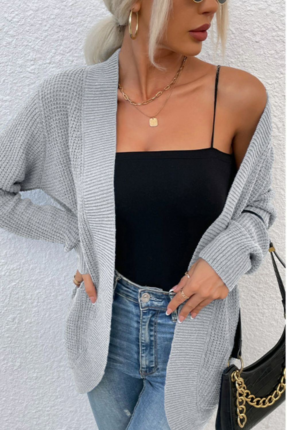 Maxct &Open Front Rib-Knit Cardigan with Pockets