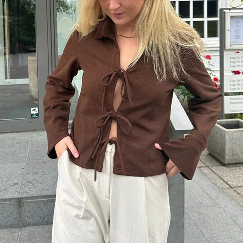 Maxct Sexy Hollow Out Crop Tops Vintage Y2k Clothes Fashion Ladies Tie Front T-shirt Solid Color Lapel Neck Long Sleeve Blouse Tees