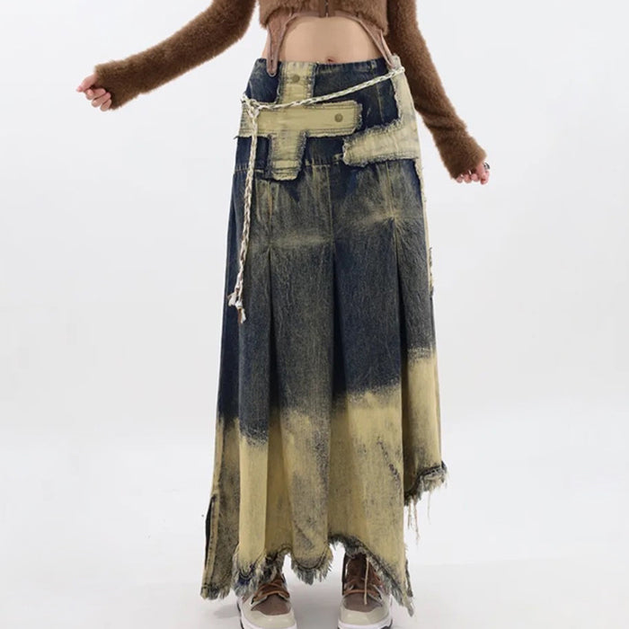 Fairy Grunge Washed Long Denim Skirt Maxct